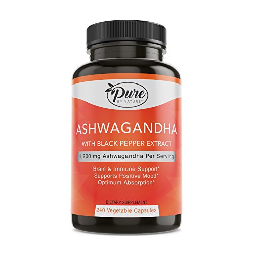 Pure By Nature Organic Ashwagandha Capsules 1200Mg Ashwagandha Powder with Black Pepper for Enhanced Absorption, 240 Count