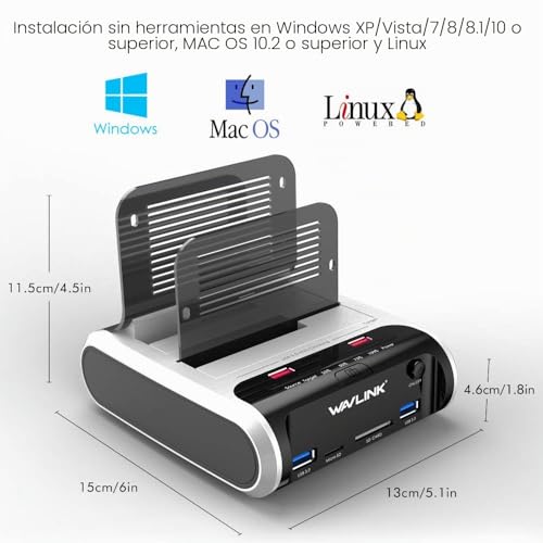 Hard Drive Docking Station, WAVLINK USB 3.0 Hard Drive Base Support Offline Cloning Function for 2.5" and 3.5" SATA SSD HDD, TF and SD Card and USB Charging