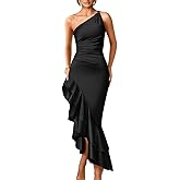 LAGSHIAN Women's Elegant One Shoulder Ruched Asymmetric Ruffle Satin Cocktail Party Maxi Dress