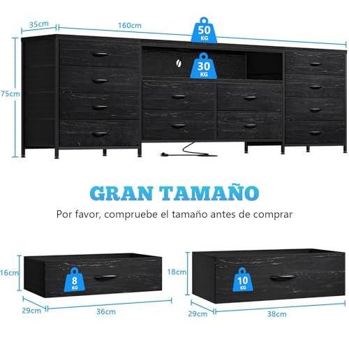 WELIKERA 160cm Mueble para TV con Cómoda, Extra Grande Muebles Tipo Tocador para Dormitorio con Luces LED y Tomas de Corriente, Tejido Largo Centro de Entretenimiento para TV con 12 Cajones