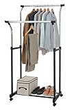 Finnhomy Double Rail Adjustable Rolling Garment Rack with Wire Net at Bottom for Shoes, Metal Hanging Clothes Rack, Free Standing Portable Drying Rack on Wheels, Chrome and Black Finish