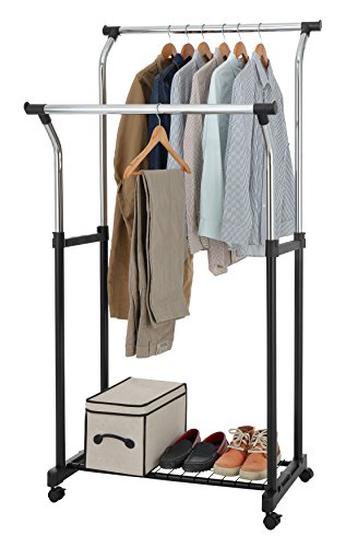 Finnhomy Double Rail Adjustable Rolling Garment Rack with Wire Net at Bottom for Shoes, Metal Hanging Clothes Rack, Free Standing Portable Drying Rack on Wheels, Chrome and Black Finish
