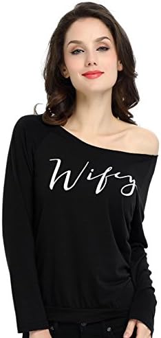 Modern Celebrations Off The Shoulder Wifey Long Sleeve T Shirt Loose Fit Slouchy Shirt (Black Medium)
