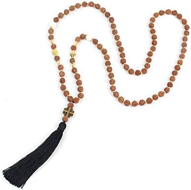 8mm Rudraksha Long Tibetan Handmade Necklace w/ Gold Accents, Cross &amp; Black Tassel