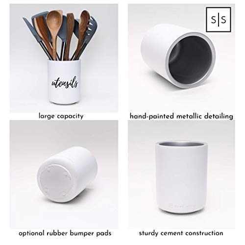 Cement, White Utensil Holder, Cooking Utensil Holder for Kitchen - Modern Farmhouse Canisters