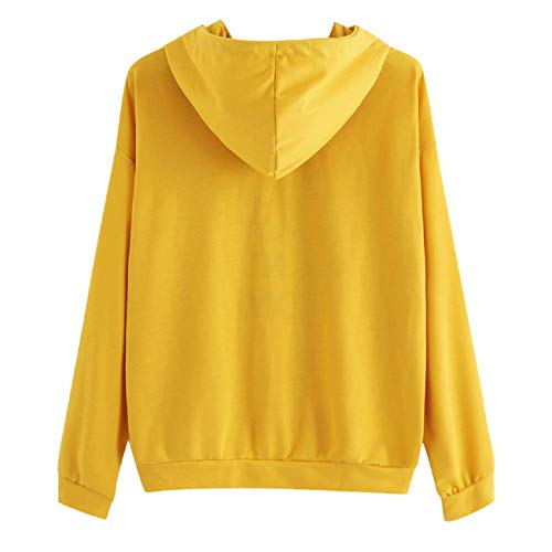 Tsmile Women Long Sleeve Activewear Hoodie Sweatshirt Letters Print Drawstring Hooded Plain Pullover Tops Blouse Yellow
