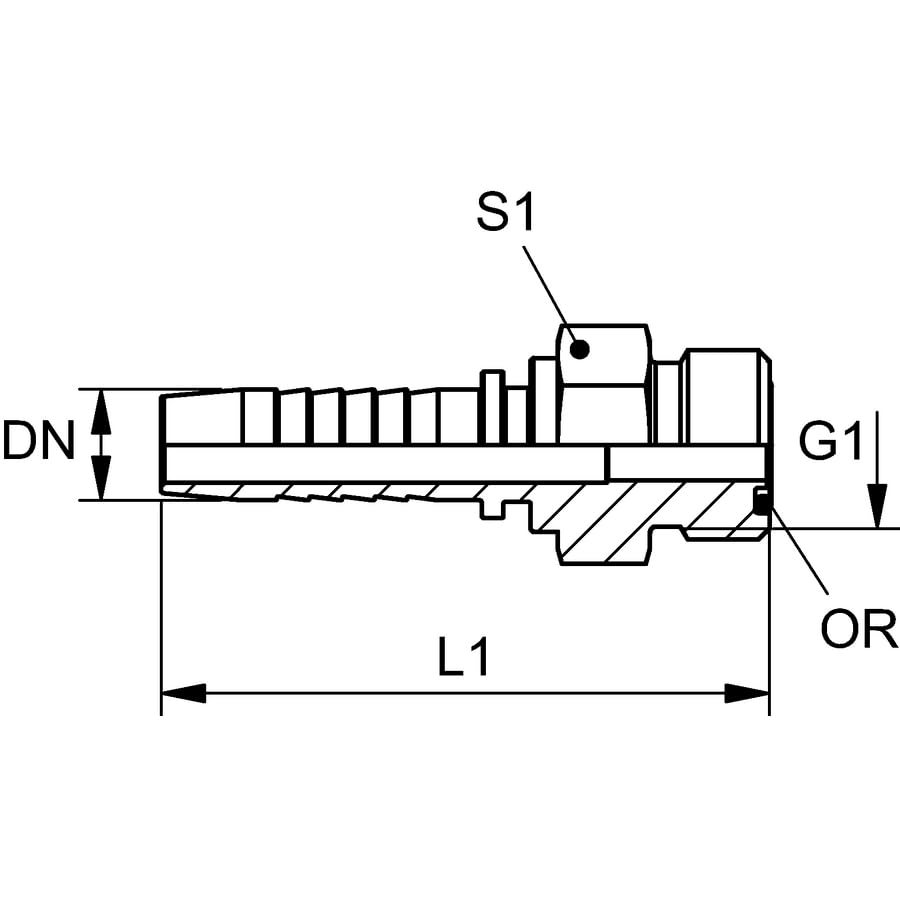 HANSA-FLEX Steel ORFS Swage Nipple, 413 bar Pressure, 1"-14 UNS External Thread, 16mm Diameter, 68mm Length