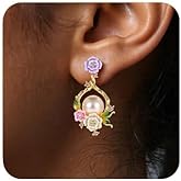 Pearl Drop Earrings for Women - Asymmetrical Handmade Enamel Rose Flower Design Jewelry, 925 Silver Hypoallergenic Anniversary & Birthday Gift