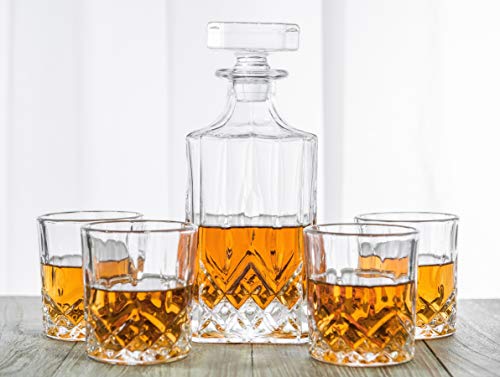 Whiskey Decanter Set - Perfect for Whiskey, Wine, or Liquor - Includes a (Lead-Free) 700 Milliliter Decanter with 4 Matching Glasses