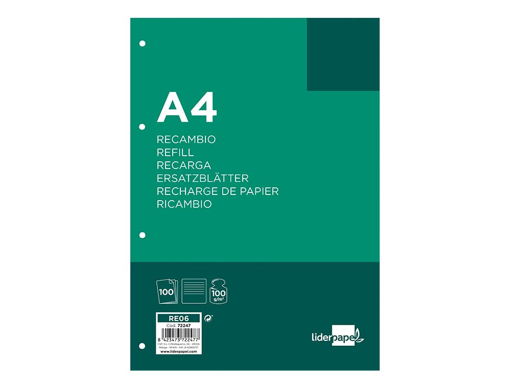 Leaderpapel A4 Refill 100 Sheets 100 g/m2 Horizontal Ruled 4 Holes Bands of 5 Colours