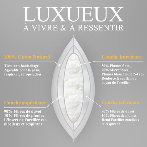 Orange Wave Oreiller Plume 60x60 - Coussin de Luxe en Duvet et Plume Qualité Hôtelière et Confort Oreiller Ergonomique, Certifié RDS et Oeko-TEX pour Un Soutien Optimal