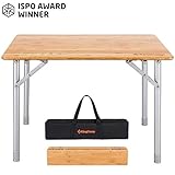 KingCamp Bamboo Folding Table with Carry Bag ISPO Award 4 Fold Heavy Duty Adjustable Height Aluminum Frame Camping Table