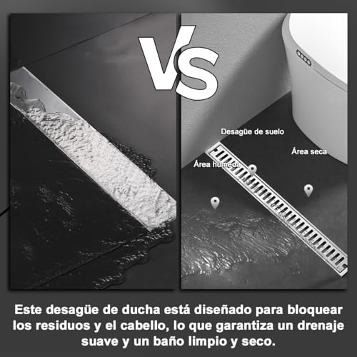 Drenaje de Piso Rectangular 10 * 60CM Coladera de Desagüe Baño Acero Inoxidable Coladera Regadera Lineal Rejilla de Desagüe para Cocina Anti-Obstrucción Drenaje de Ducha Suelo Filtro Agua Anti-Olor