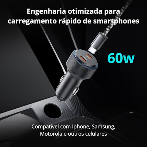 Carregador Veicular 60W Turbo com Cabo USB-C – Duas Entradas USB-C, Carregamento Ultra Rápido, Proteção Inteligente e LED Indicador para Celulares e Tablets