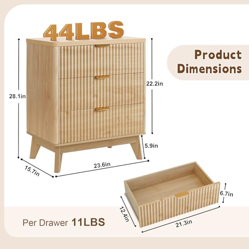LYNCOHOME Fluted Nightstand, Bedside Table with Storage, Tall Night Stand with Drawers for Bedroom, Nature