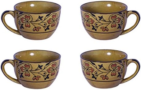 Muddy Stoneware Earthenware Ceramic Soup Bowl with Handle (Glossy Brown & Leaf Pattern, 8oz) -Set of 4