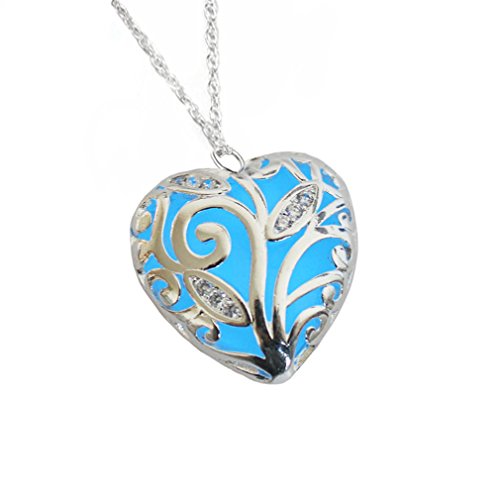 Forest Heart Glowing Necklace Silver Plated Bronze Jewelry,Glow Color:Royal Blue 19 Inches