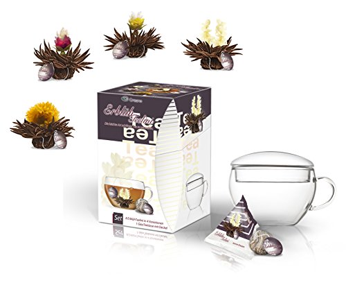 Creano Erblüh-Teelini schwarztee Geschenk-Set 'schwarzer Tee' 8 ErblühTeelini fein aromatisiert, 1 Teelini Glas-Teetasse…