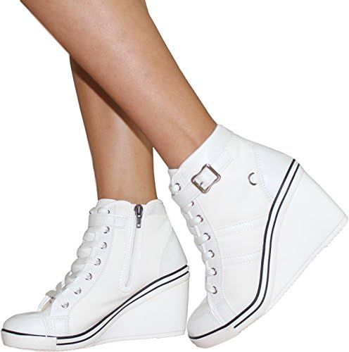 Women's Lace up High Heel Wedge High Top Side Zipper Buckle Fashion Party Sneakers MultiShoe (7.5 US Women, White)