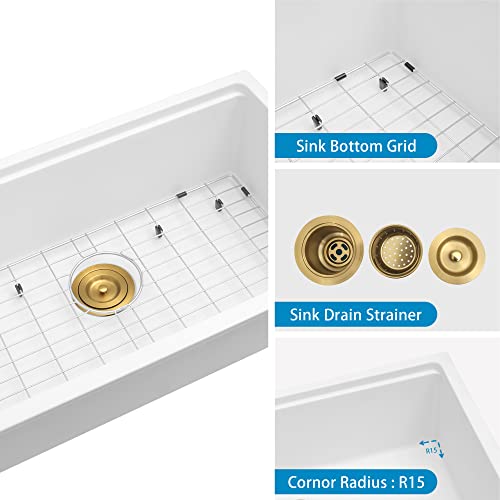 YAQUN White Undermount Kitchen Sink 32 Inch - Drop in Granite Quartz Composite Workstation Sink - Deep Single Bowl,Dual Mount,with Accessories