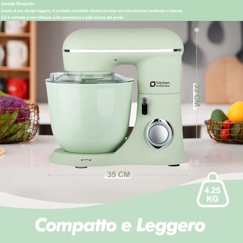Kitchen in the box Pastry Processor, 4.5L+5L 2 Bowls Kitchen Robots, 10 Speeds Electric Kitchen Mixer, 1300 W Professional Kneader with Whisk, Beater, Hook (Green)