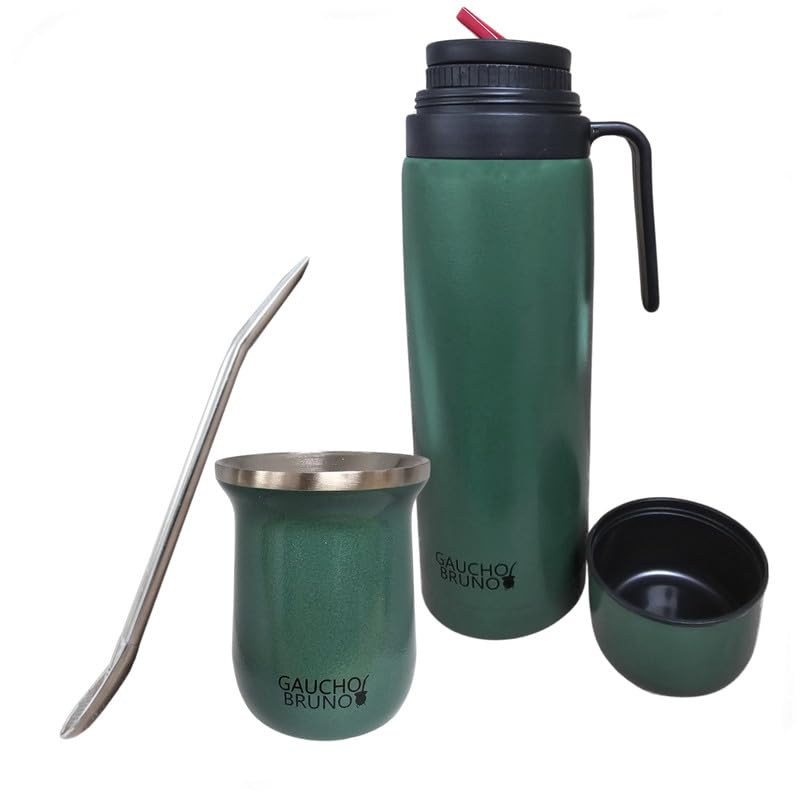 Gaucho Bruno - Stainless Steel Industrial Kit for Drinking Yerba Mate, Bombilla Straw and 1 Litre Easy to Clean | Comfortable to Hold | Warm for Longer, Crinkle Green