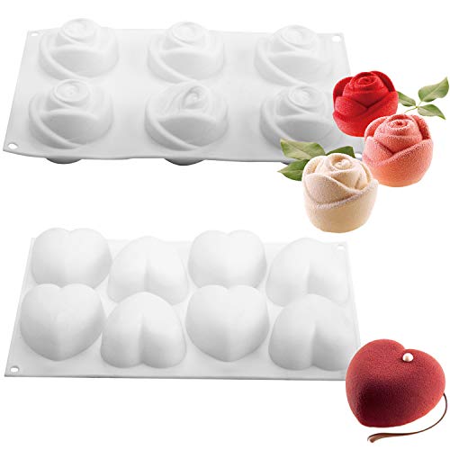 2pcs Silicone Mousse Cake Molds 3D Heart Rose Shape DIY Baking Pan Nonstick Bakeware Decorating Tool for Ice Cream Chiffon Chocolate Dessert Jelly Pastry Christmas, Easy Release FDA BPA Free - Thumbnail 7