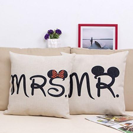 Ziho Mr &amp; Mrs Cotton Linen Decorative Couple Throw Pillow Cover Cushion Case Couple Pillow Case Set
