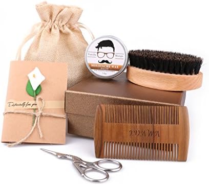 Beard Care Set,Bamboo Pure Boar Bristle Beard Brush, Beard &amp; Moustache Comb,Balm Butter Wax,Small Scissor for Beard and Moustache,Valentine’s Day Gift Set