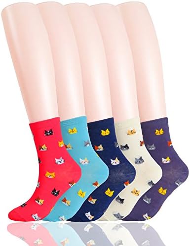 WEILAI Womens Girls 5 Pack Funny Cute Colorful Cartoon Cotton Casual Crew Dress Socks