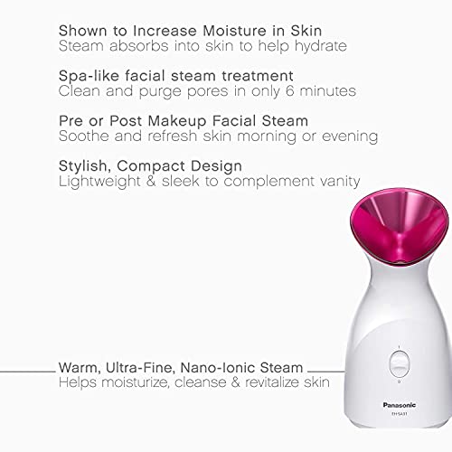 Panasonic Nano Ionic Compact Design with One-Touch Operation Facial Steamer with Ultra-Fine Steam - Spa Like Face Steaming At Home to Moisturize and Deeply Cleanse Skin, White / Pink