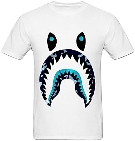 Amoyeah Men's A Bathing Ape X Shark Printed T Shirts Cotton Graphic Tees M White