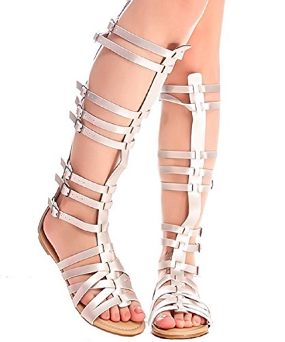 silver knee high gladiator heels