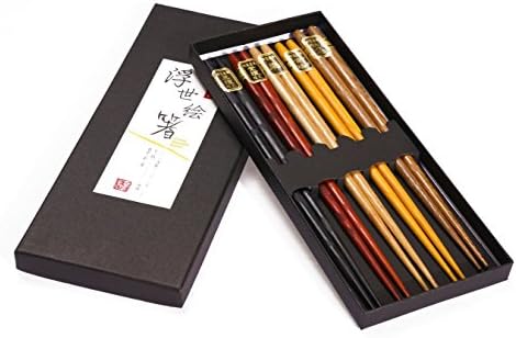 Wooden Reusable Chopsticks Set Include 5 pairs Multi Color Design Lightweight Chopstick and Asian Classic Style