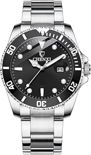 Men Rotatable Bezel Blue Dial Luminous Watch Gold Stainless Steel Band Waterproof Analog Quartz Watches, Silver black, Quartz Watch