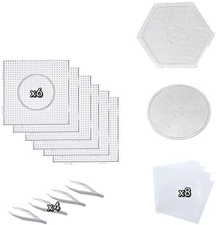 アイロンビーズプレート 5mm 透明四角6本 丸1本 六角一本 ピンセット4本 アイアンペーパー8枚 接続可能 アイロンペーパー ビーズピン付き