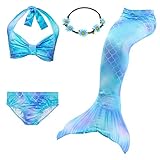 GALLDEALS 3pcs Swimmable Mermaid Tail Kids Girls Princess Bikini Set Swimsuit Swimwear, 3-12Years Blue