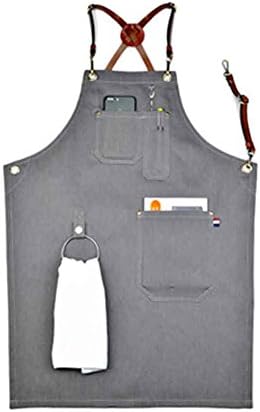 XIAKA Gray Denim Bib Apron w/Leather Strap Barista Baker Bartender BBQ Chef Uniforms (B, M)
