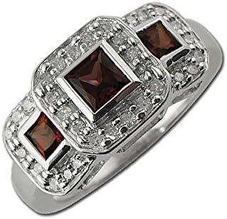 Red Garnet and Diamond Round &amp; Princess Cut Side Gallery Work Ring 0.60 ct tw in 14K White Gold.size 8.0