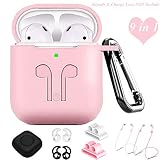 AirPods Accessories,ZROSIN 9 in 1 Airpods Case Kits Protective Silicone Cover and Skin Compatible for Apple Earpods with Airpods Watch Band Holder/Ear Hook/Anti-Lost Stap/Clip/Keychain/Grip (Pink)