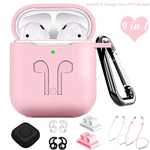 AirPods Accessories,ZROSIN 9 in 1 Airpods Case Kits Protective Silicone Cover and Skin Compatible for Apple Earpods with Airpods Watch Band Holder/Ear Hook/Anti-Lost Stap/Clip/Keychain/Grip (Pink)