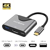 USB C to HDMI Adaptor， 3 in 1 Type C to 4K HDMI Multiport Adaptor with USB-C Quick Charging Port, USB 3.0 Port, for MacBook, ChromeBook, HDMI Converter and More USB-C Devices