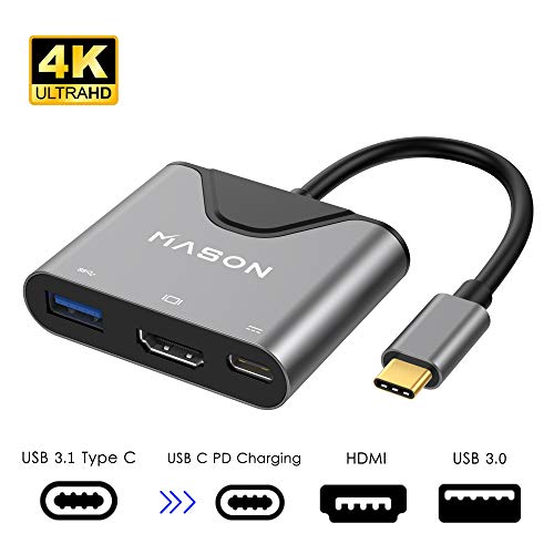 USB C to HDMI Adaptor， 3 in 1 Type C to 4K HDMI Multiport Adaptor with USB-C Quick Charging Port, USB 3.0 Port, for MacBook, ChromeBook, HDMI Converter and More USB-C Devices