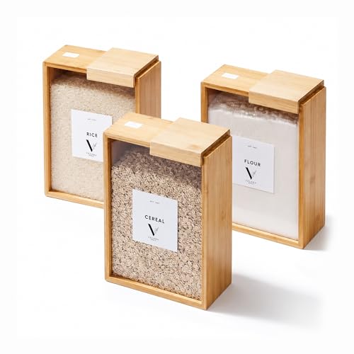 Velora World Bamboo 3L Food Dispenser for Kitchen – Airtight Food Storage Container with Writable Labels, Clear Cereal Dispenser for Rice, Flour, Pasta & Snacks, Space Saving Pantry Organizer
