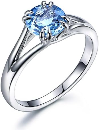 Blue Topaz Engagement Ring 925 Sterling Silver White Gold Plated Split Shank 7mm Round Solitaire Bridal