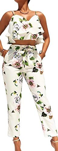 Papijam Womens Spaghetti Strap Crop Top Pant 2 Piece Jumpsuits Outfit White Small