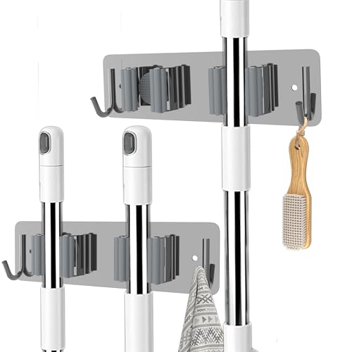 Flyhigter Broom and Mop Holder Wall Mounted, Heavy-Duty Stainless Steel Storage Rack with 2 Racks & 2 Hooks,Broom Organizer for Kitchen,Bathroom,Garage,Garden（SILVER