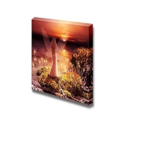 Fairy with Transparent Wings Standing on Green Island in Lake and Watching The Sunset - Canvas Art Wall Art - 12" x 12"