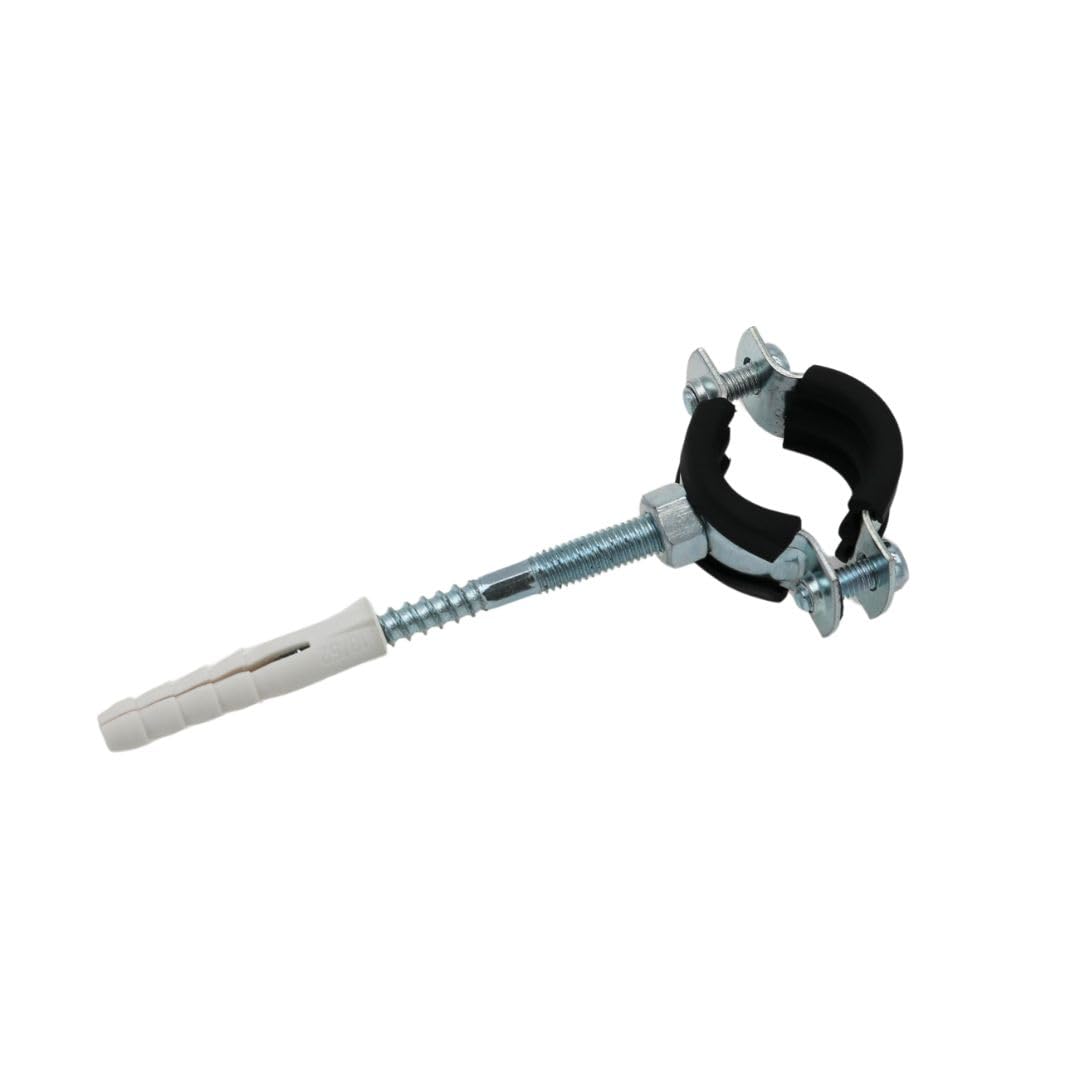 Screw Pipe Clamps 20-24 mm 1/2 Inch + Hanger Bolts + Dowel Set, Galvanised Steel Pipe Clamps Sound Insulation Inserts, Single Clamp with Damping Insert - Pack of 10
