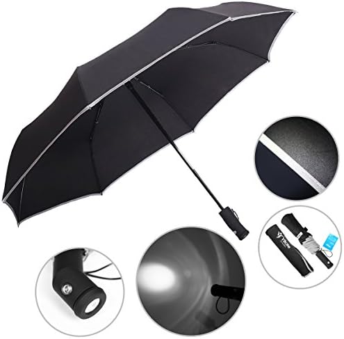 Yitote Automatic Open and Close Umbrella One Handed Operation Lightweight 8 Ribs Golf Umbrella with Light Reflective &amp; Torchlight Handle Unbreakable Compact Travel Umbrella Windproof Umbrella